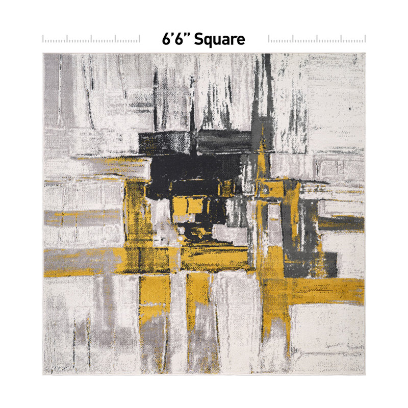 Doucette Abstract Ivory/Gold/Gray Area Rug, Square 6'6"