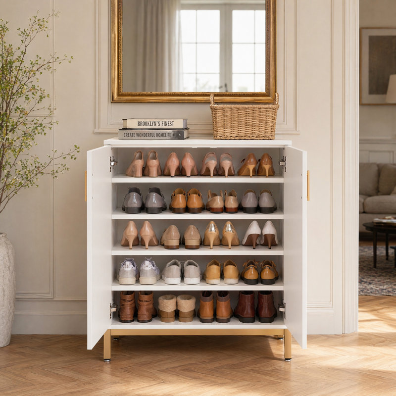 Armoire de rangement pour chaussures 20 paires Dracut, Blanc / or