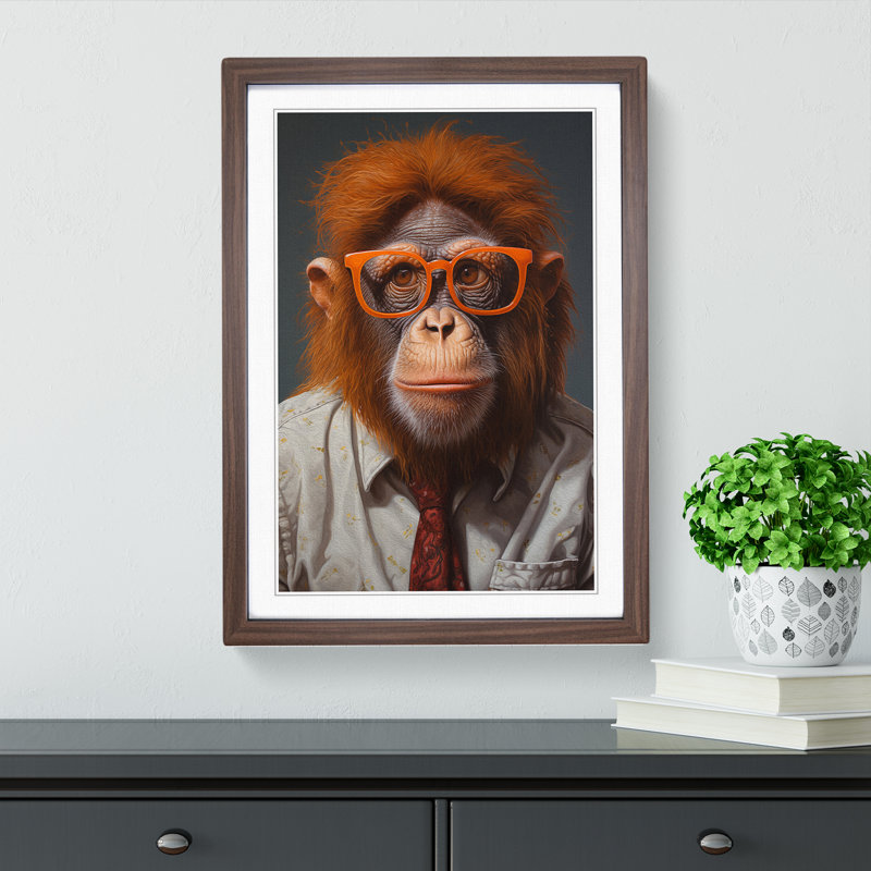 Orangutan With Glasses - Single Picture Frame Print on Wood, Walnut, 46cm H x 34cm W x 2cm D