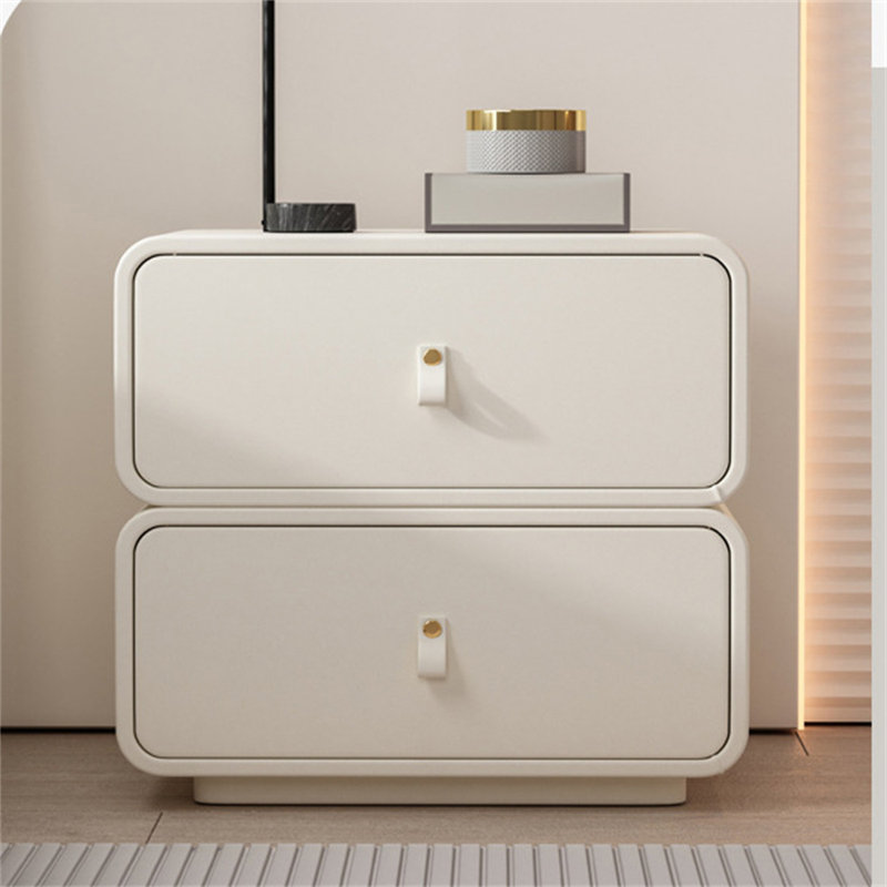19.5”W French Style Nightstand with 2 Drawers, Cream Champagne Finish & Leather-Wrapped Body, Solid Wood End Table with Quiet-Close Glides