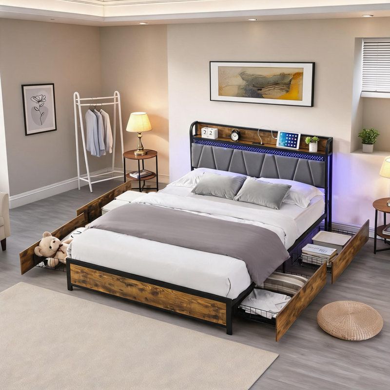Classic Gray King Size Storage Platform Bed with Built-In Charging Station and LED Lights, MDF and Metal Frame, King