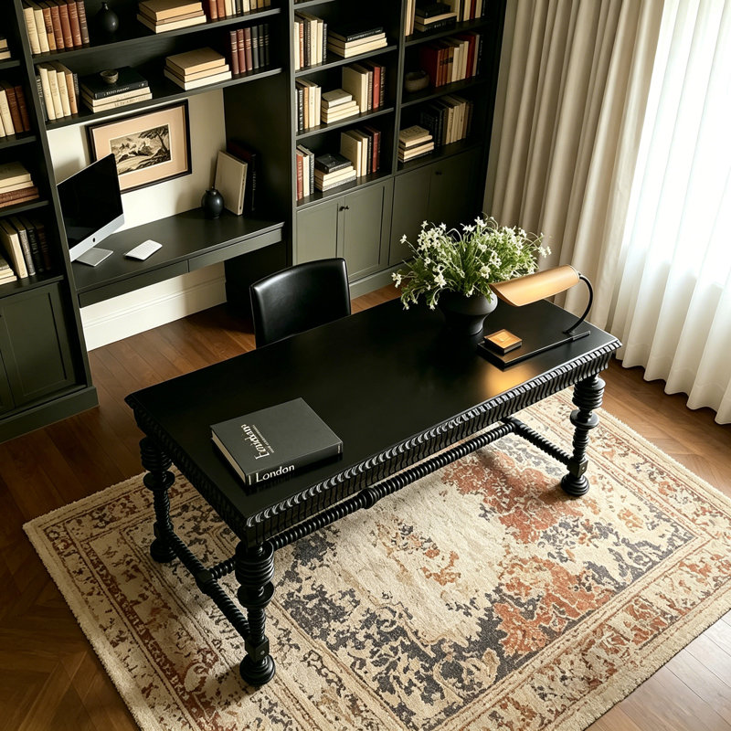 Bureau long en bois massif sculpté noir avec trois tiroirs 62,99 ", 30.71" H x 62.99" W x 27.56" D