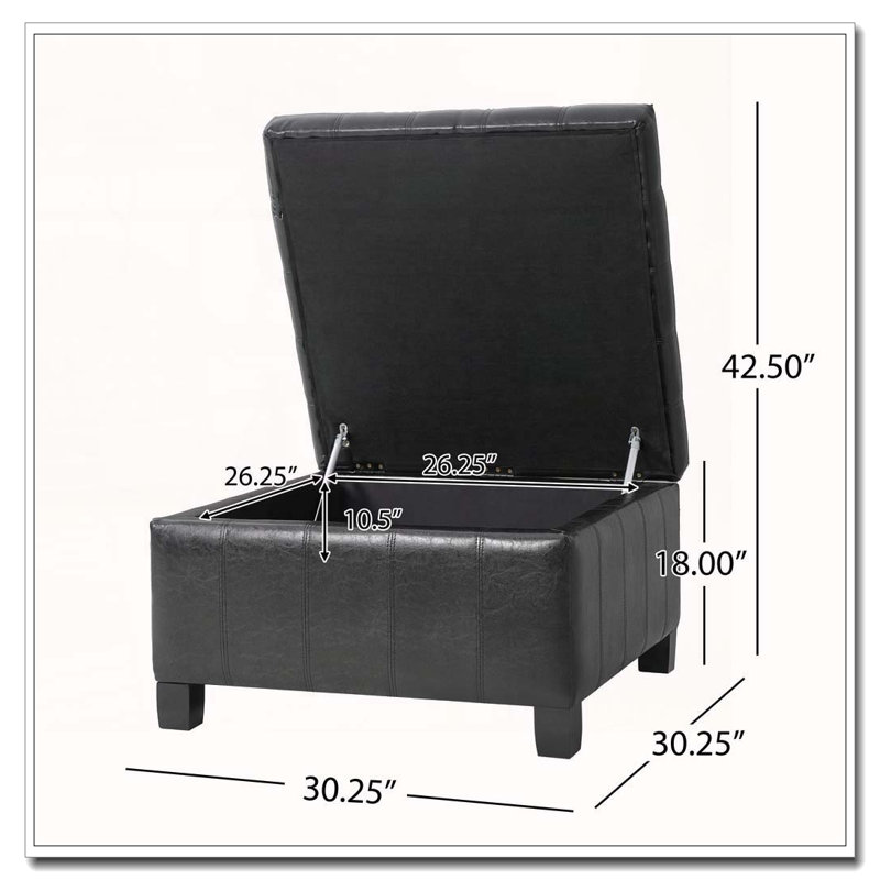 Repose-pieds de rangement carré en polyuréthane 30,25 po avec pieds en bois d'hévéa, Noir