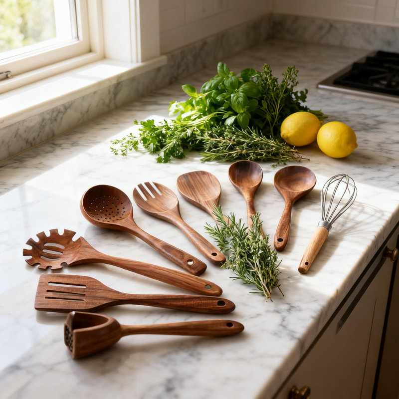 Ensemble d'ustensiles en bois de teck naturel 10 pièces pour la cuisson, cuillères en bois antiadhésives et ustensiles de cuisine avec prise confortable