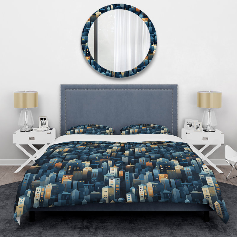 Beige And Blue Cityscape Pattern Abstract Duvet Cover, King Duvet Cover + 2 King Shams