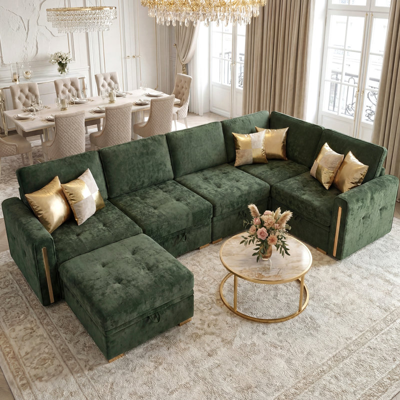 6-Piece Modular Sleeper Sectional Couch with Storage Seat, Luxury Chenille Sectional Sofa with Gold Legs and Accent, Gray