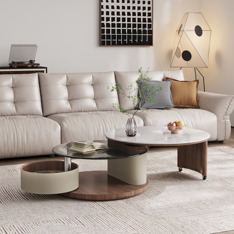 Table basse moderne réglable avec plateau en pierre, panneau en verre trempé et rangement visible