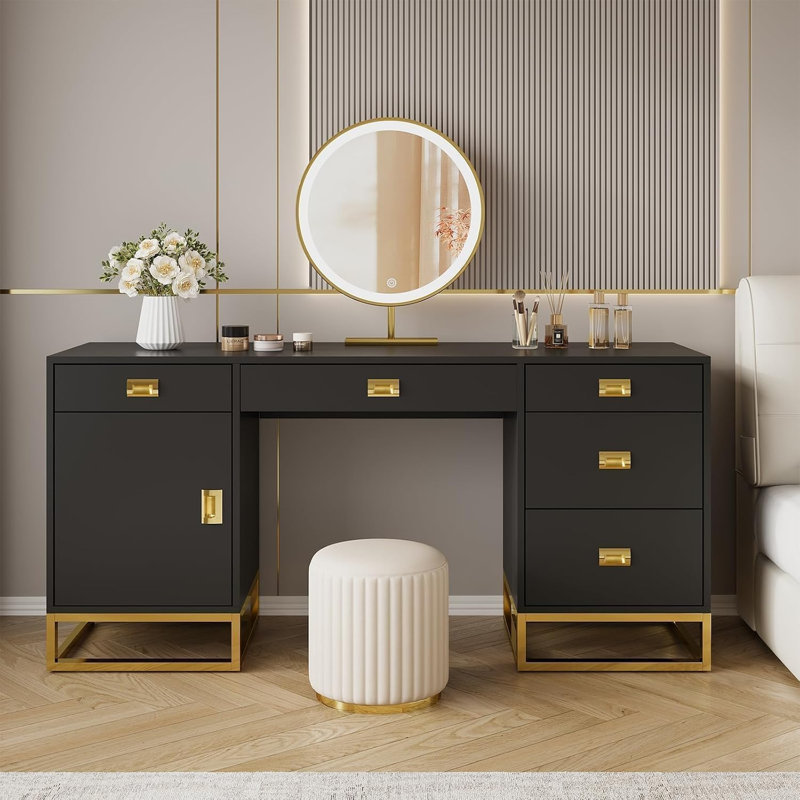 Bureau d'ordinateur moderne de 147 cm (58 po) avec tiroirs et armoire, structure en métal et meuble de rangement pour bureau à domicile
