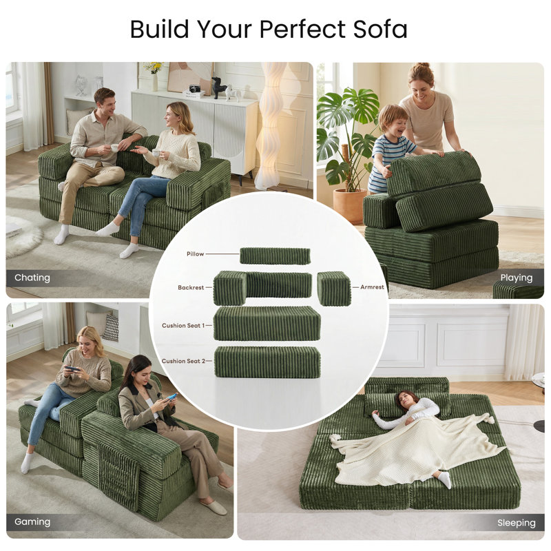 Sisler 71" Boneless Sofa Upholstered Corduroy Couch Sleeper, Olive Green Corduroy