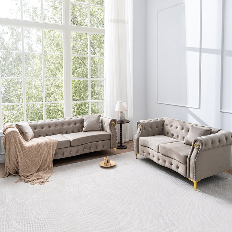 Ensemble de canapé rétro en velours Chesterfield pour le salon, Beige