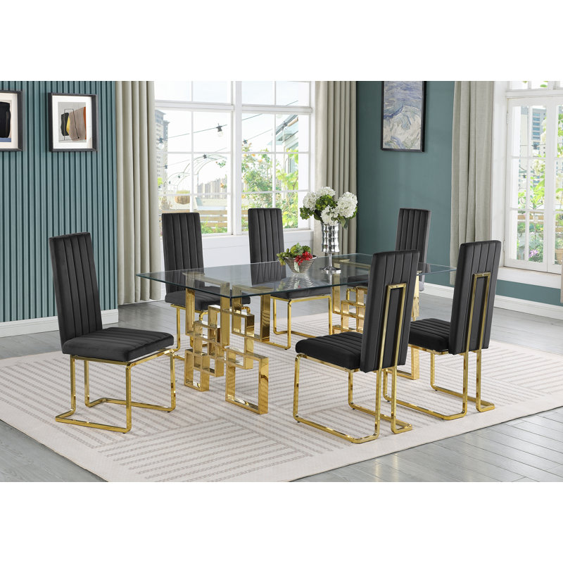 Poynor 6 - Person Glass Top Double Pedestal Dining Set, Black/Gold, Gold