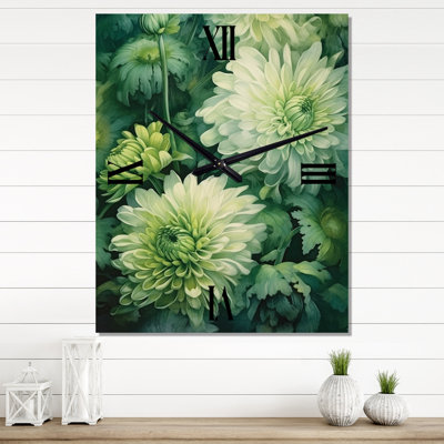 Green White Chrysanthemums Melody II - Floral Wall Clock