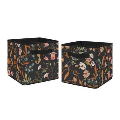 Boho Floral Wildflower Black and Orange Brushed Microfiber Fabric Storage Bin (Set of 2) by Sweet Jojo Designs