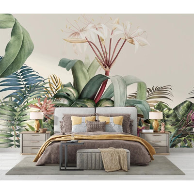 White Lily Tropical Botanical Beige Wall Mural Art for Home Decor