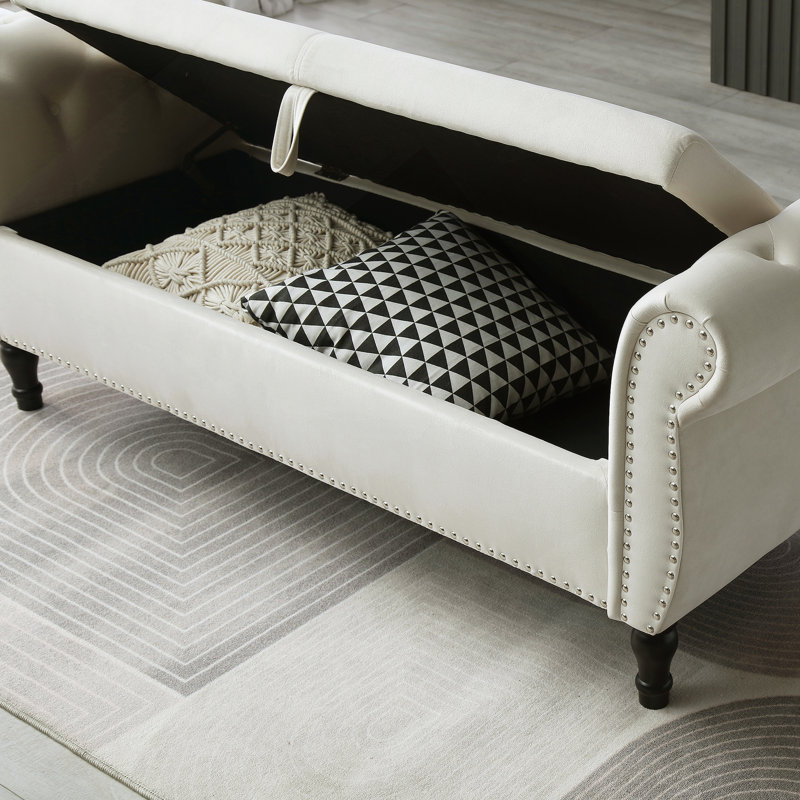 Banc avec 1 coussin et tabouret de rangement rectangulaire en velours, Beige