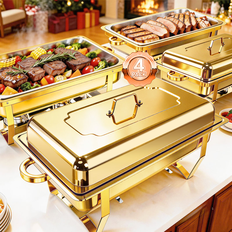 Chafing Vaisselle pour buffet, ensemble de 4 plats à frire 9QT Gold Buffet, chauffe-plats de haute qualité pour les fêtes Buffet, événements et mariages