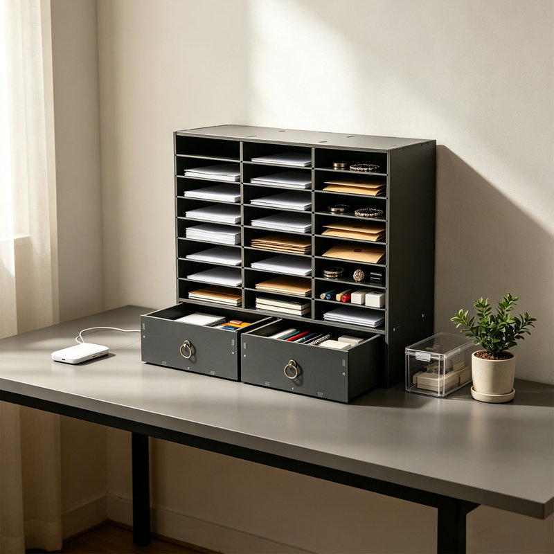 Armoire de rangement en papier et courrier avec 24 compartiments et 2 tiroirs, Noir, noir, noir, noir