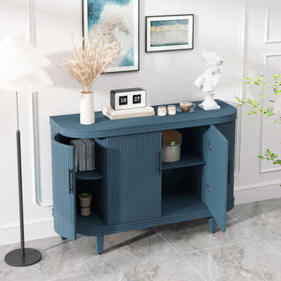 Cabinets, 47.2-Inch Curved Royal Blue Storage Cabinet, 4 Doors Adjustable Shelves, Solid Wood Coffee Bar Console Table | Living Room | Modern