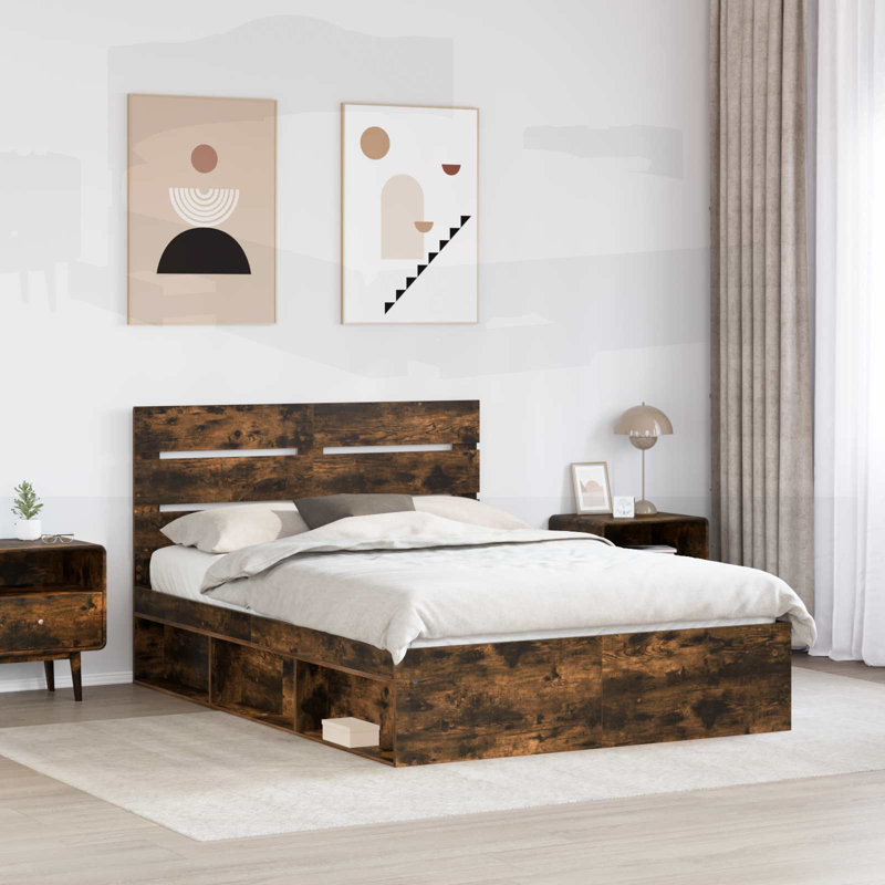 Solid Wood Bed Frame, European Double (140 x 200 cm), Smoked Oak