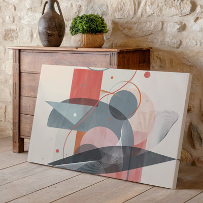 Toile, création d'une composition abstraite mettant en vedette des formes géométriques superposées et des lignes d'art fluides, principalement en corail doux