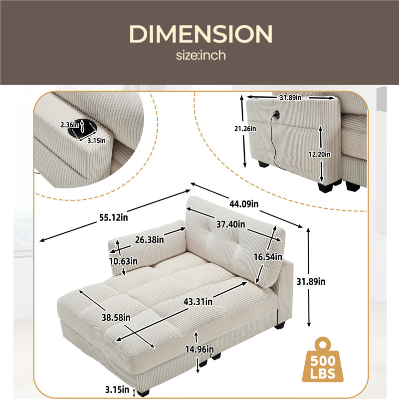 Méridienne surdimensionnée en velours côtelé, Beige