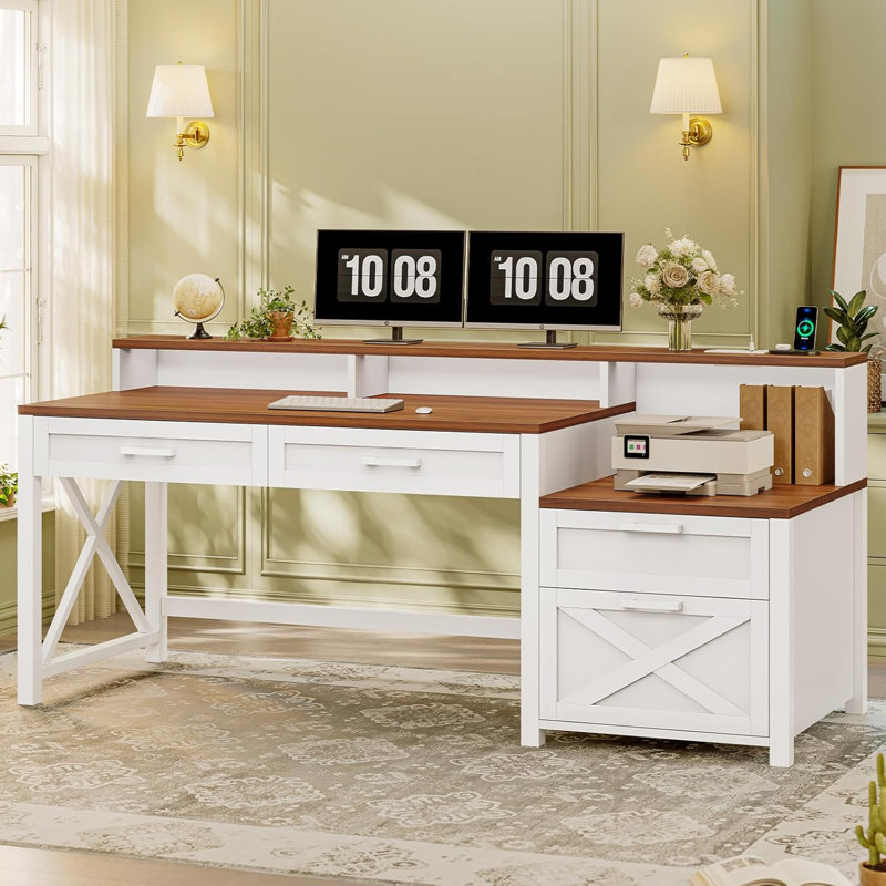 55" Office Desk With 4 Drawers, Computer Desk With File Drawer & Power Outlet, Home Office Desk With Storage Shelves & Printer Cabinet