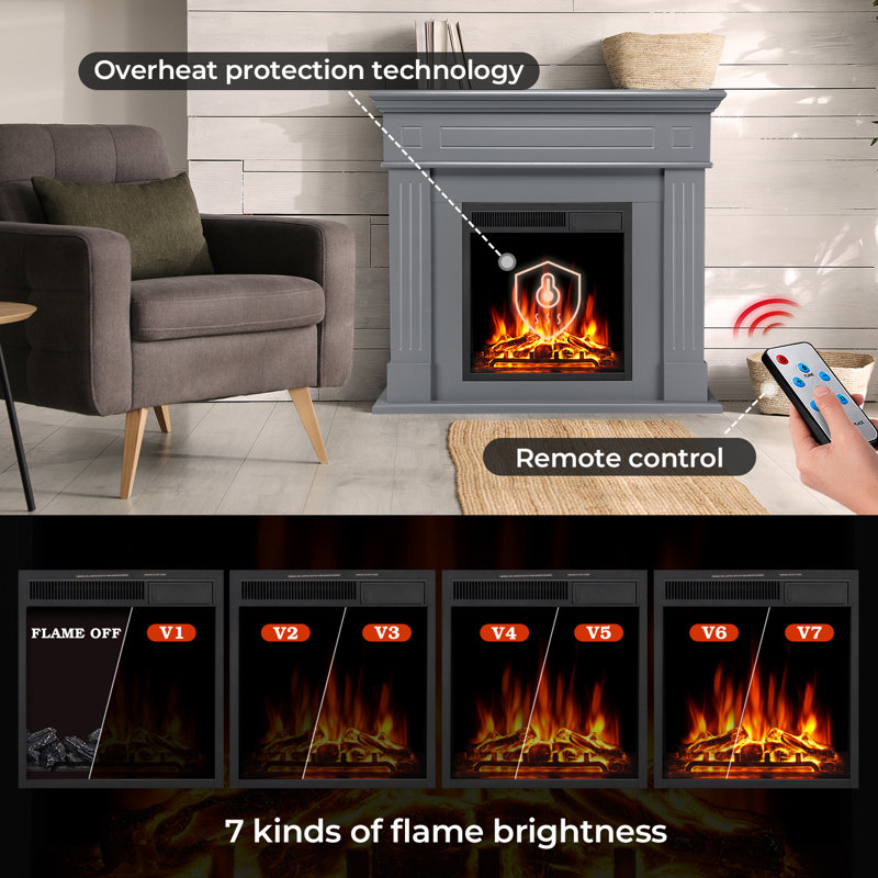 Asheli Fireplace Mantel Package Wooden Surround Firebox TV Stand Free Standing Asheli Fireplace Heater,750W-1500W, Gray