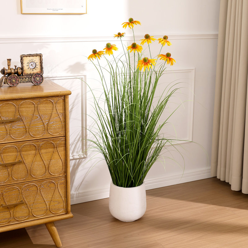 48" Artificial Potted Grass With Flowers, Orange