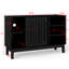 Buffet noir de 47,3 po avec conception cannelée, 2 portes, base et pieds en bois massif, console multimédia pour télé, 3 rangements ouverts et cachés, imperméable de haute qualité, trous de sortie pour l'armoire de chargement, cuisine de rangement,