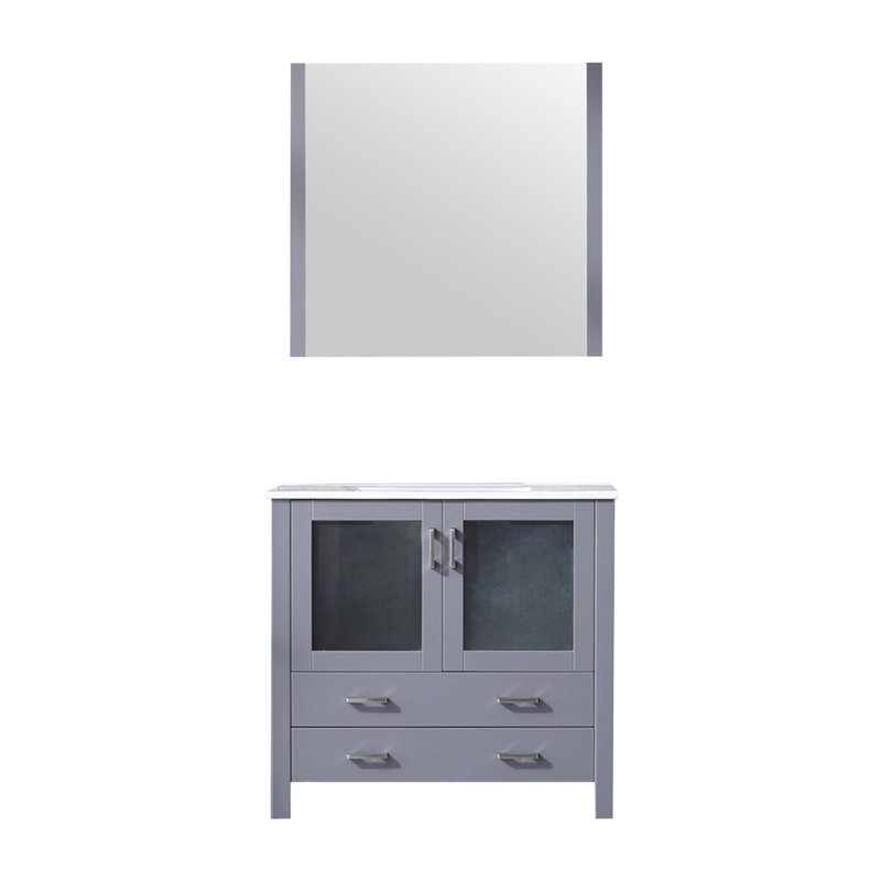 Meuble-lavabo simple l 36 po x P 18,25 po Volez, plateau en céramique blanche et miroir 34 po Volez, Gris foncé