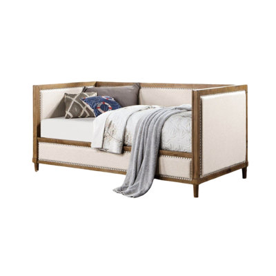 Bedroom Twin Day Bed With Beige Fabric Cover And Oak Base Satin Upholstery For