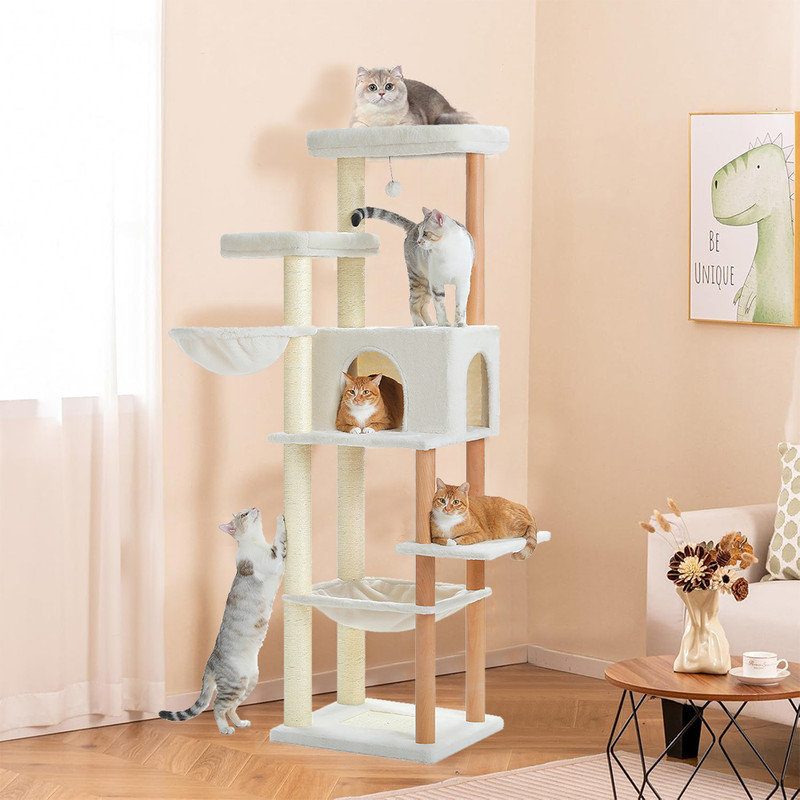 Grand arbre à chat en bois, tour pour grands chats d'intérieur, condos à plusieurs niveaux avec poteaux à griffer et grattage