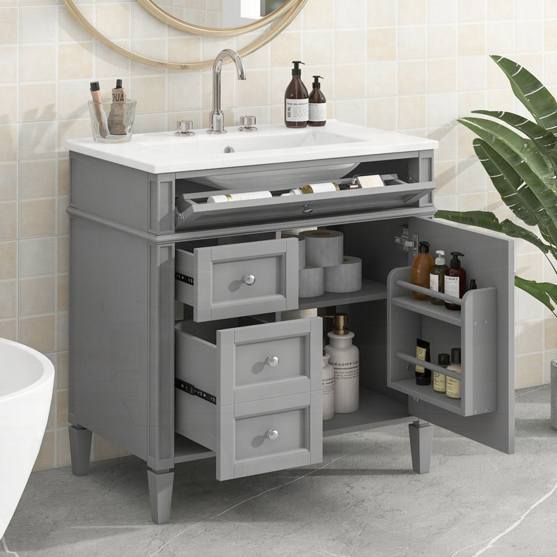 Meuble-lavabo moderne avec tiroirs supérieurs, Gris, Argent argent