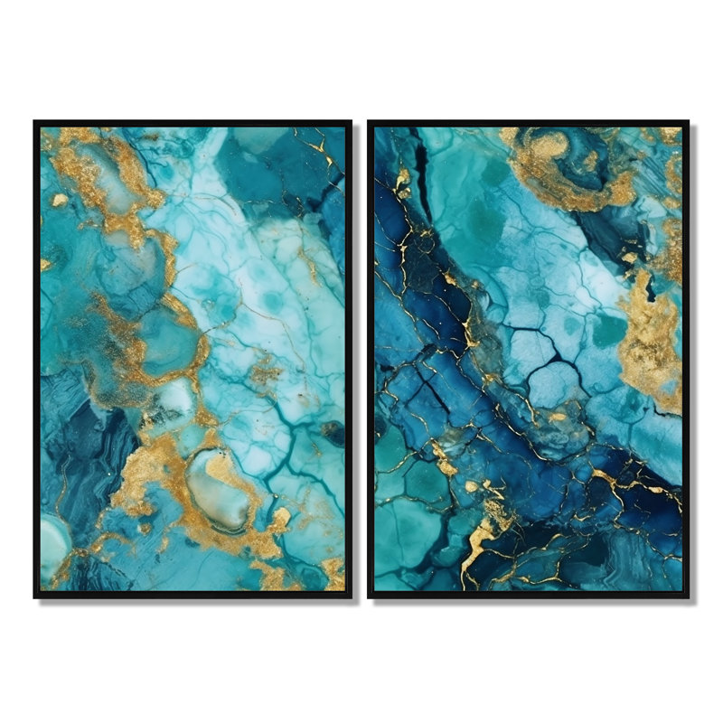 Turquoise luxueux, art fluide abstrait VII - art mural abstrait 2 panneaux, H 36 po x l 48 po, Impression encadrée flottante