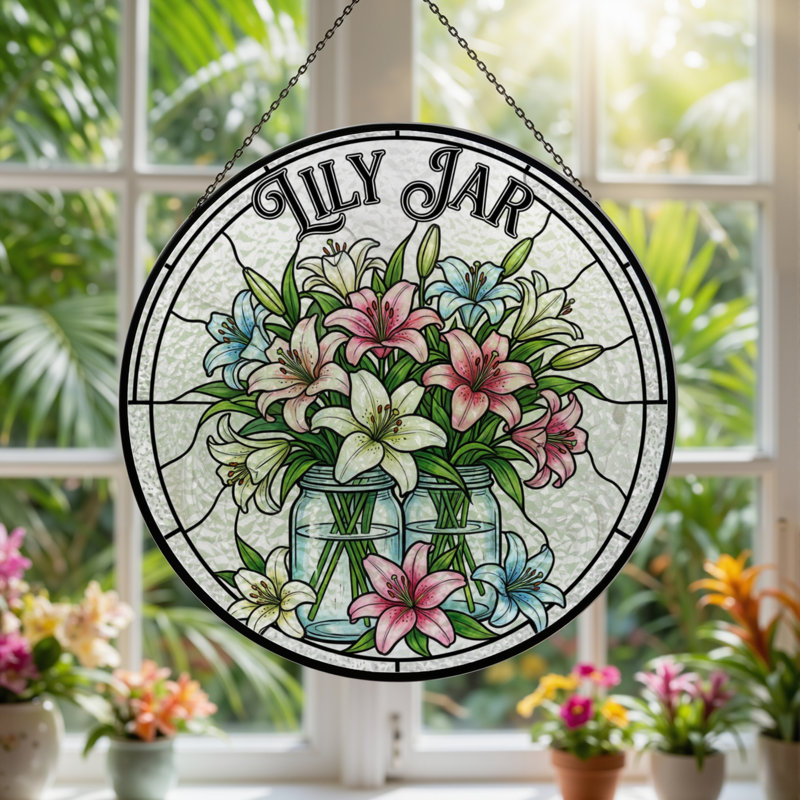 7.8"H Lily Jar Stained Glass Window Panel, 7.8" H x 7.8" W