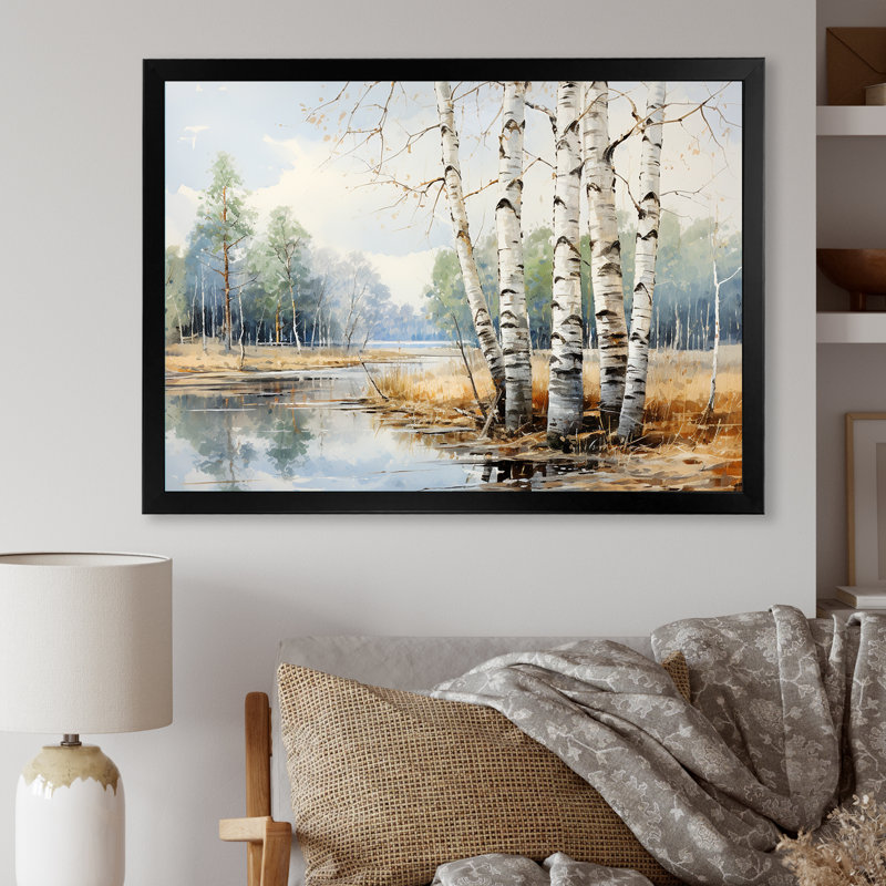 Impression sur toile de bouleau beige et gris, Cadre simple noir, H 24 po x l 32 po x P 1 po