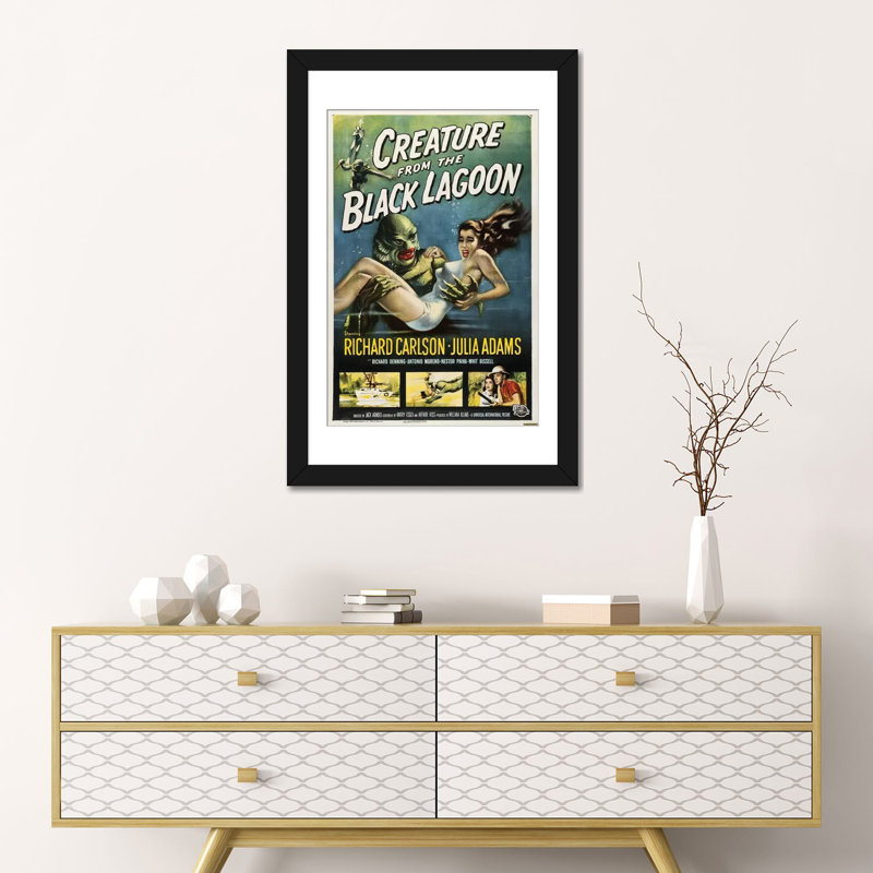 « créatures from the lagon (1954) », affiche rétro sur toile, H 24 po x l 16 po x P 1 po, Papier d'art encadré noir, Blanc