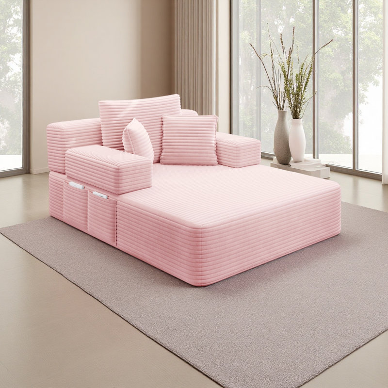 Chaise longue en velours côtelé luxueux avec 3 coussins, canapé-lit convertible avec poche de rangement, conception sans cadre