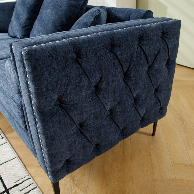 Canapé modulaire en L, repose-pieds convertible avec rangement, chenille, accoudoirs carrés, canapé capitonné moderne, 3 places et clouté, bleu
