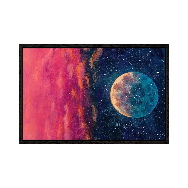 Fantastic Beautiful Big Planet Moon Among Stars In Universe by Valery Rybakow - Painting on Canvas, Black Framed