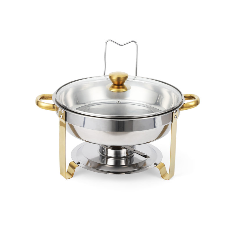 Elegant Food Warming Solution - Ensemble de 4 réchauds à vaisselle ronds en acier inoxydable 5 pte avec bord doré, couvercles et supports en verre visible - Serveurs de buffet parfaits pour les fêtes, les mariages et l'or