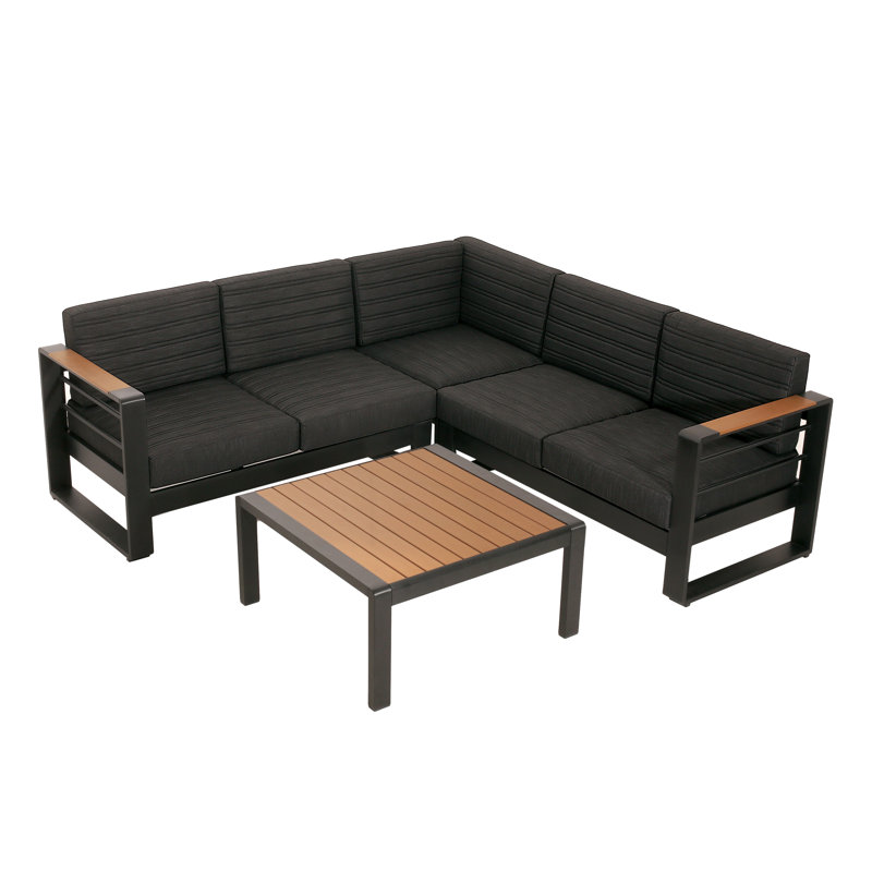  Ensemble de canapé modulaire d'extérieur moderne, structure en aluminium avec coussins et table en bois, résistant aux intempéries, noir