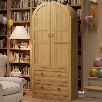 71" Tall Dome Bookcase with Drawers, 4-Tier Wooden Bookshelf Storage Cabinet with Door, Farmhouse Arched Cabinet with Storage, Wood Arch Bookcase for Home Office, Living Room