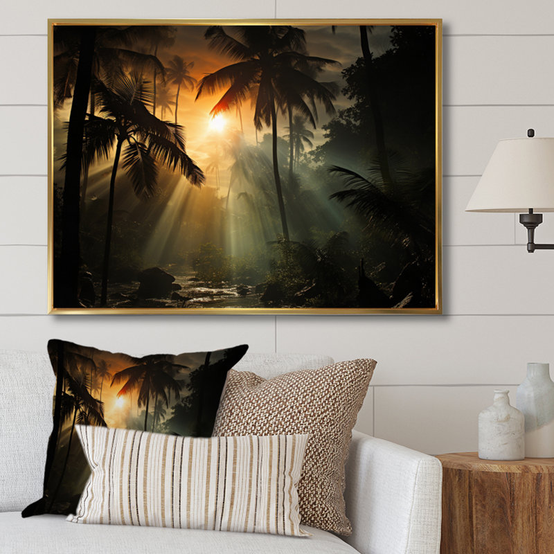 Palmiers Sunsert sur toile, H 12 po x l 20 po x P 1 po, Cadre flottant doré
