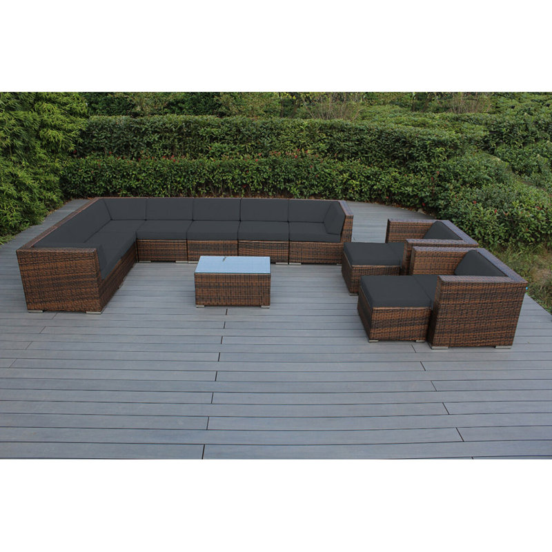 Konen Wicker 8 - Person Seating Group with Cushions - No Assembly, Mixed Brown, Gray Sunbrella® Canvas