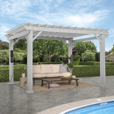 Backyard Discovery Hawthorne 12' x 10' Traditional Galvanized Steel Outdoor Patio Pergola Kit with Shade Sail Canopy and PowerPort