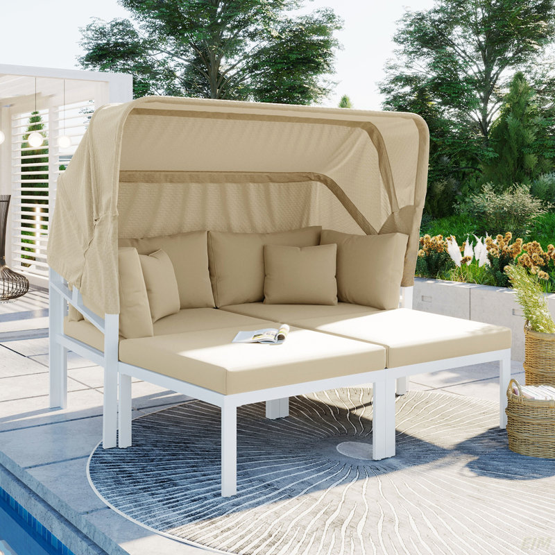 Ensemble de 3 chaises longues de patio avec auvent rétractable et canapé modulaire en métal pour l'extérieur