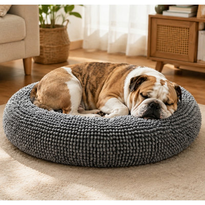 Medium Grey round pet bed for dogs and cats, made from chenille with a soft, relaxing feel; the removable cover is washable and dryer safe, and the listed size is 35'x35'.
