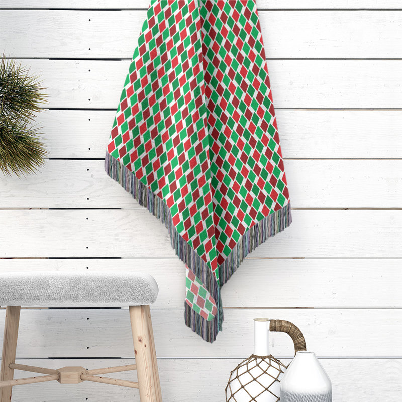 Hand Woven Throw Blanket, 60" W x 80" L, Red/Green/Mocha, Geometric