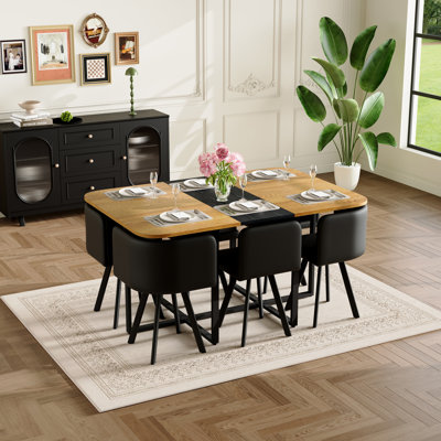 7-Piece Rectangular Dining Table Set, Dining Table with Two-Tone Tabletop, 6 Chairs for Small Spaces, Apartment